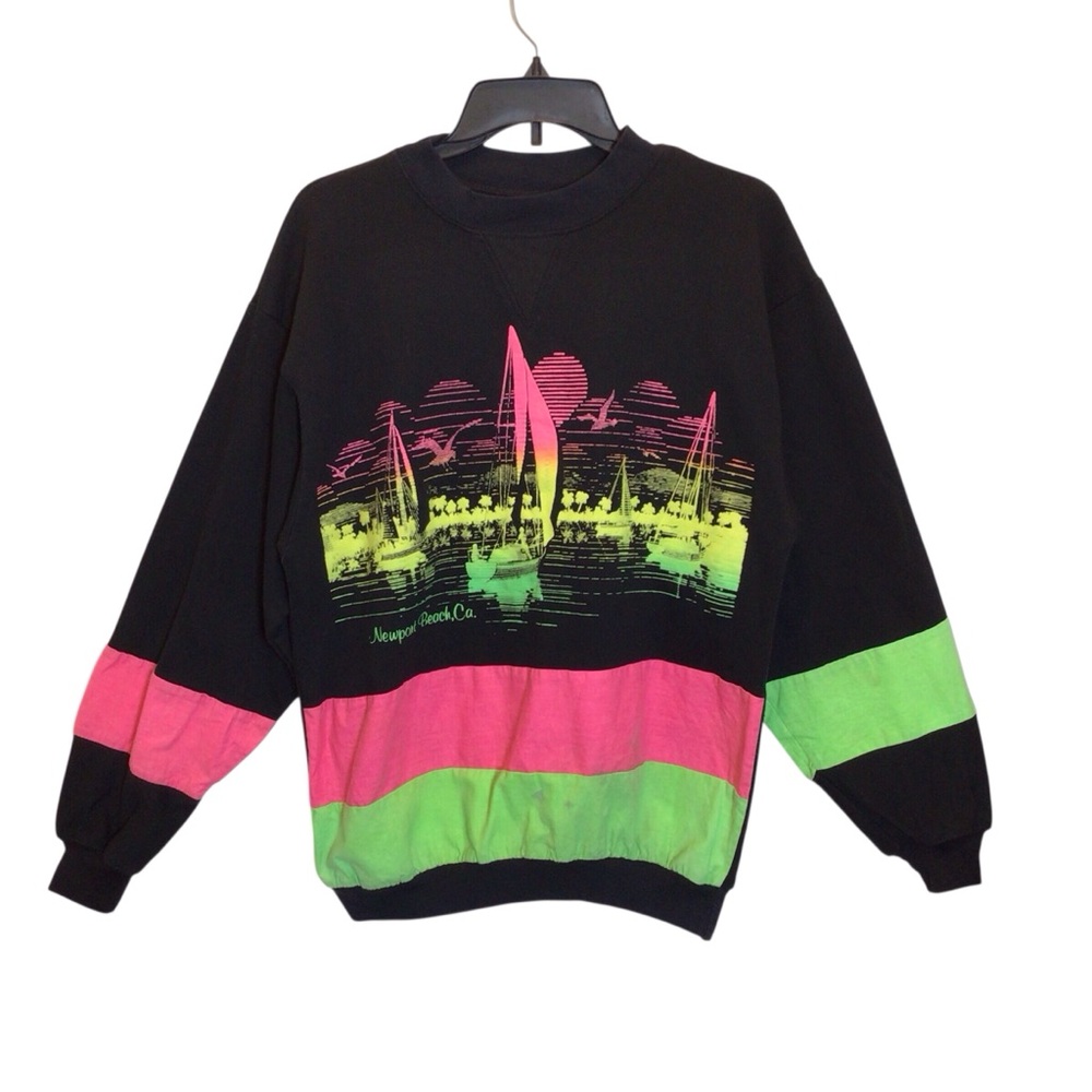 Vintage 80s Diport USA Sweatshirt Womens L Neon Puff Paint Newport Beach Coastal - Picture 3 of 14